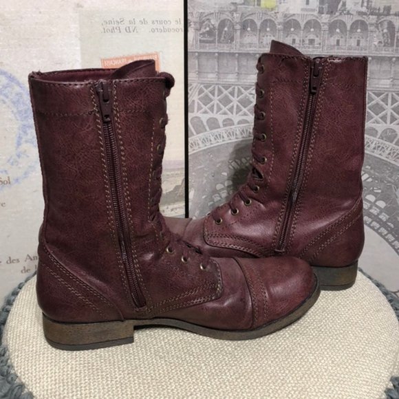 Wine Colored Lace Up Combat Boots - Picture 3 of 9